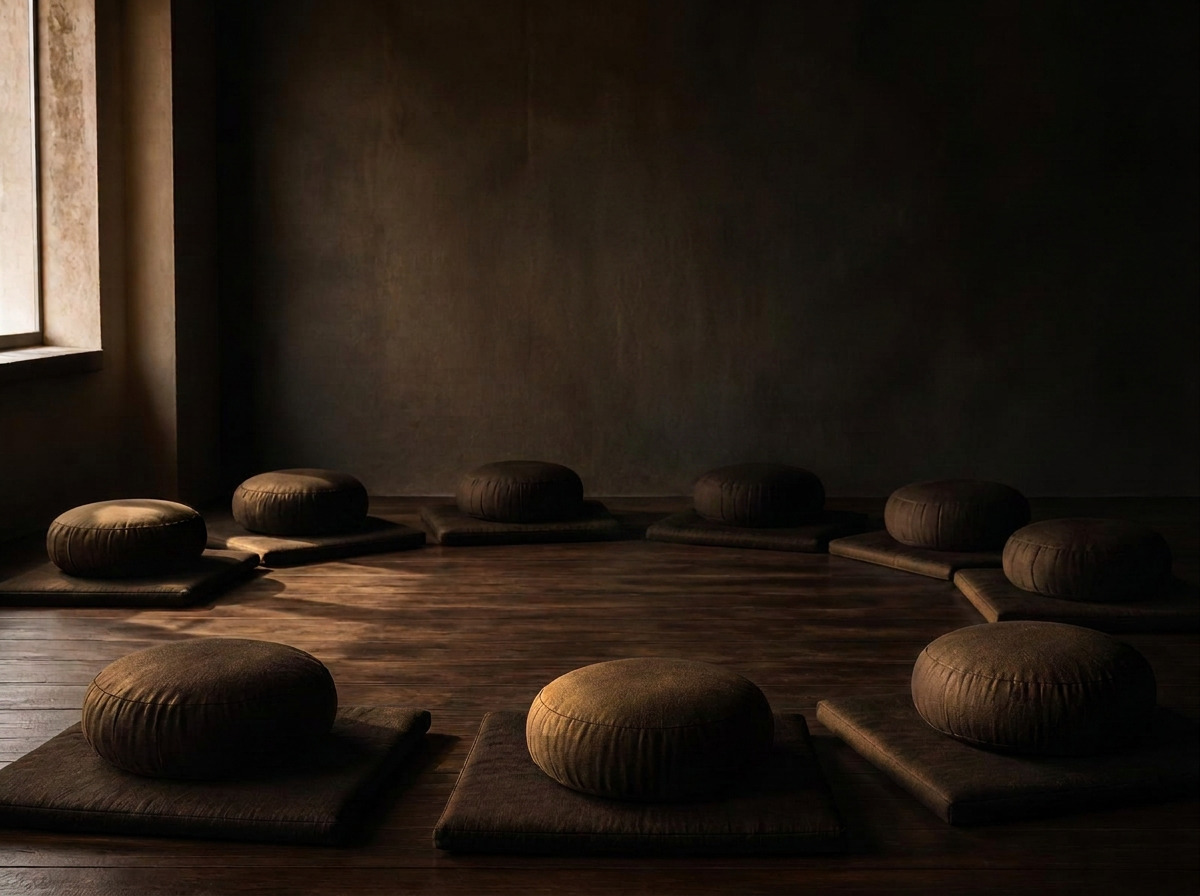 Warm, contemplative meditation studio with wooden floors and meditation cushions.
