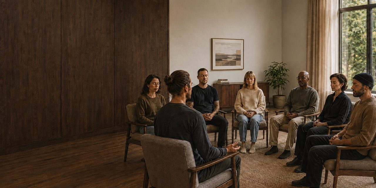 A small group of adults seated in a circle of wooden chairs in a warm residential room, with a teacher facilitating a group meditation in the foreground.