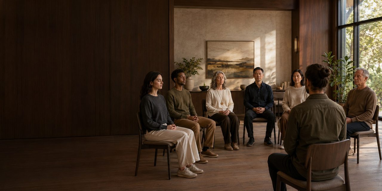 A small group seated in a circle in a warm, wood-paneled room, eyes closed during a guided meditation.