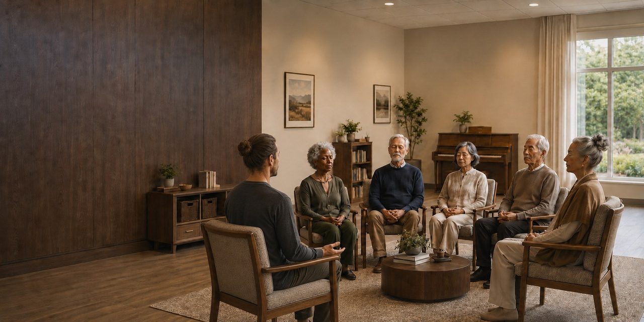 Residents seated in comfortable armchairs in a bright senior living common room during a live meditation session led by a teacher.