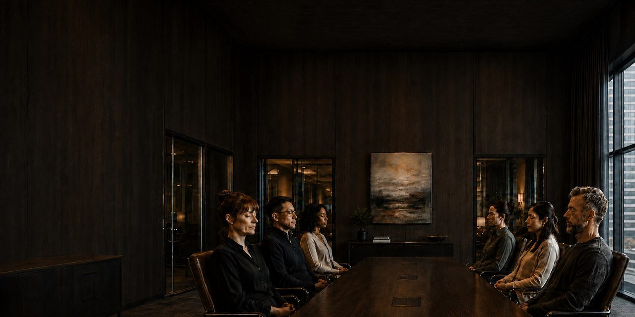 Employees seated around a long conference table in a dark wood-paneled office, eyes closed in a guided workplace meditation.